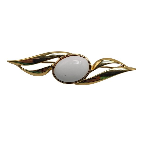 Monet Gold Tone Brooch With White Cabochon Oval Center Abstract Design - Picture 1 of 5